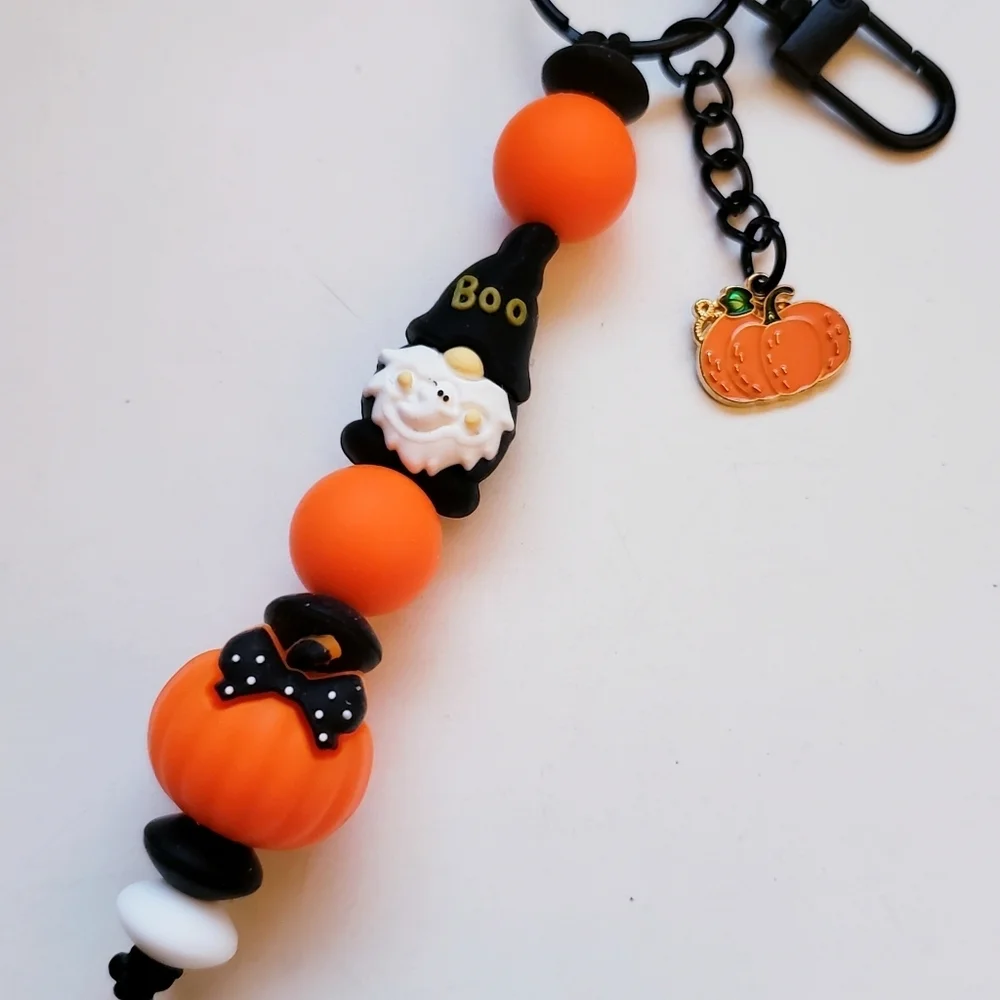 Handmade Halloween Fall Boo Pumpkin Gnome Silicone Focal Bead Keychain